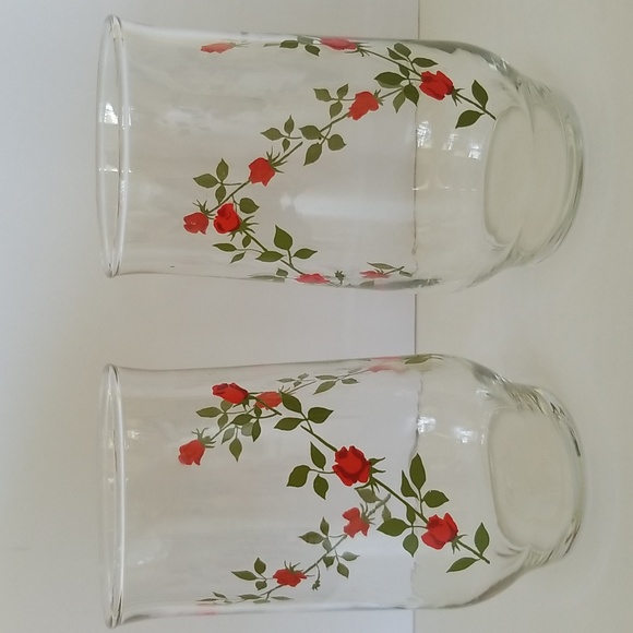 5" Vintage Anchor Hocking Red Rose and Vine Tumblers Clear Drinking Glasses - Picture 2 of 4